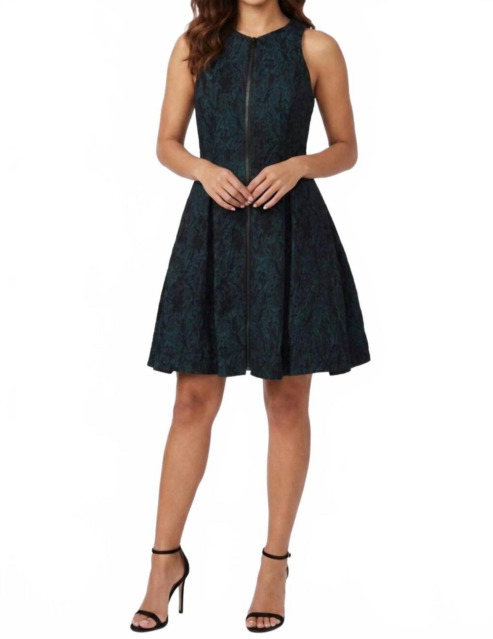 NEW ALI RO jacquard front-zip fit and flare party dress in teal black